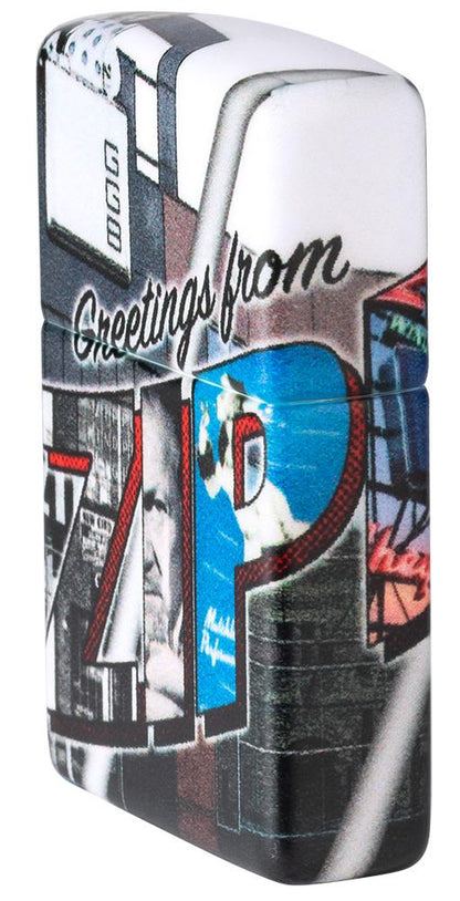 Angled view of Greetings from Zippo 540 Color Windproof Lighter showing the front and right side of the lighter