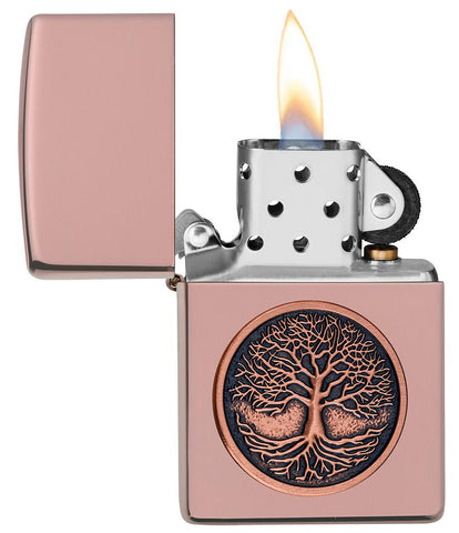Tree of Life Emblem High Polish Rose Gold Windproof Lighter with its lid open and lit.