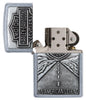 Harley-Davidson Open Road Emblem Street Chrome Windproof Lighter with its lid open and unlit