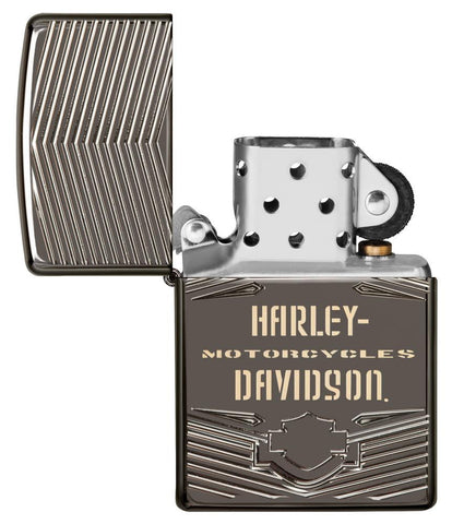 Harley-Davidson Armor  Black Ice Windproof Lighter open and unlit