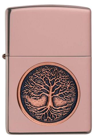 Front view of Tree of Life Emblem High Polish Rose Gold Windproof Lighter.