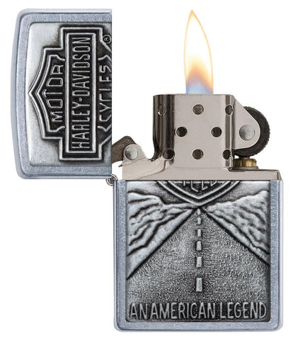 Harley-Davidson Open Road Emblem Street Chrome Windproof Lighter with its lid open and lit