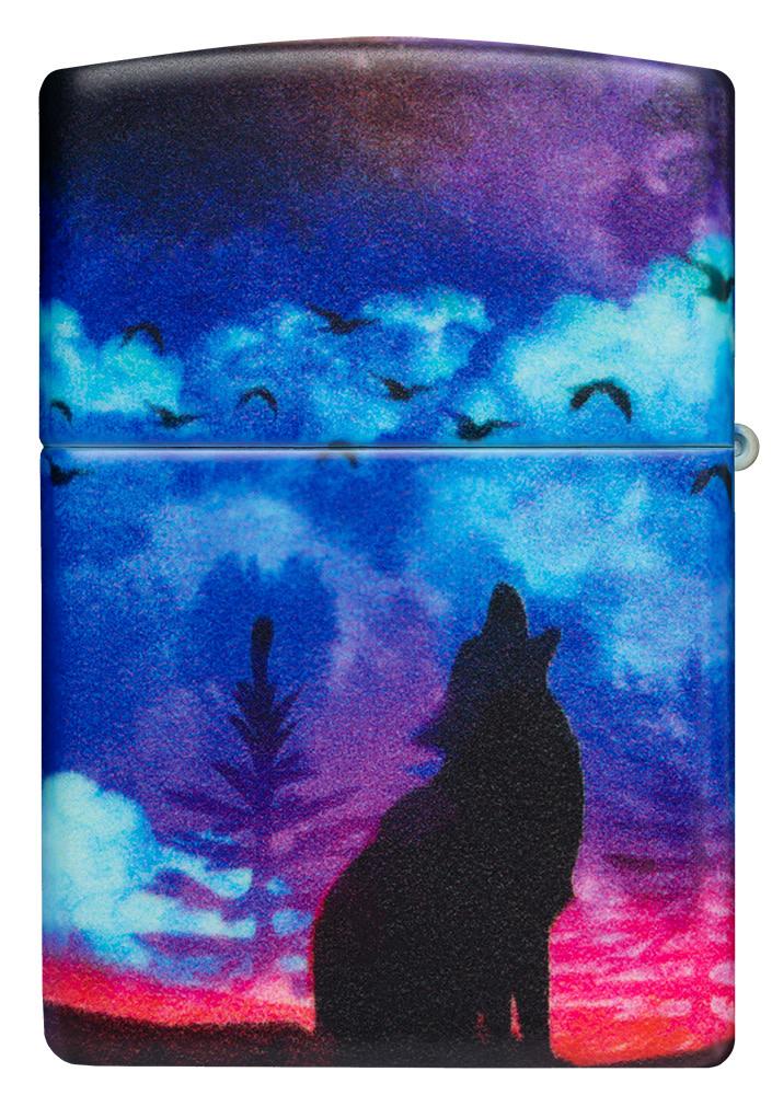 Back view of Wolf Howling Design 540 Color Windproof Lighter.