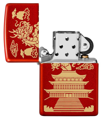 Eastern Design Dragon Design Metallic Red Windproof Lighter with its lid open and unlit.