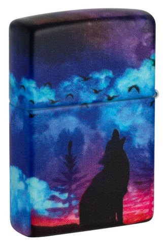 Back shot of Wolf Howling Design 540 Color Windproof Lighter standing at a 3/4 angle.