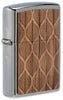 Front shot of WOODCHUCK USA Walnut Leaves Two-Sided Emblem Windproof Lighter standing at a 3/4 angle.