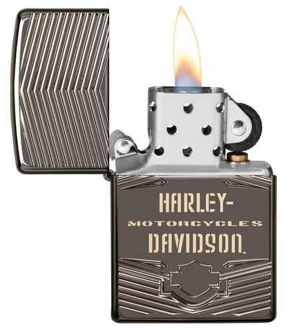 Harley-Davidson Armor  Black Ice Windproof Lighter open and lit