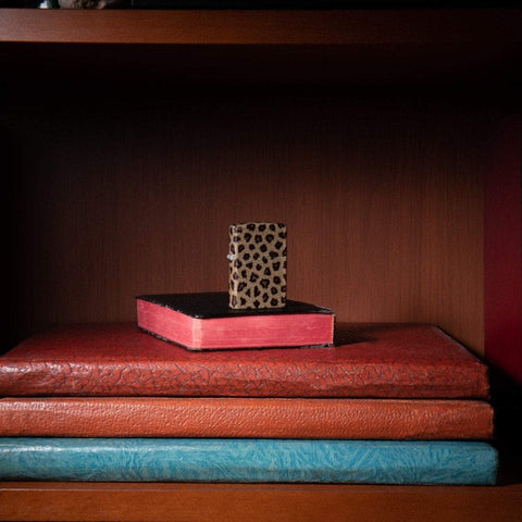 Lifestyle image of Leopard Print 540 Color Windproof Lighter standing in a book shelf on books